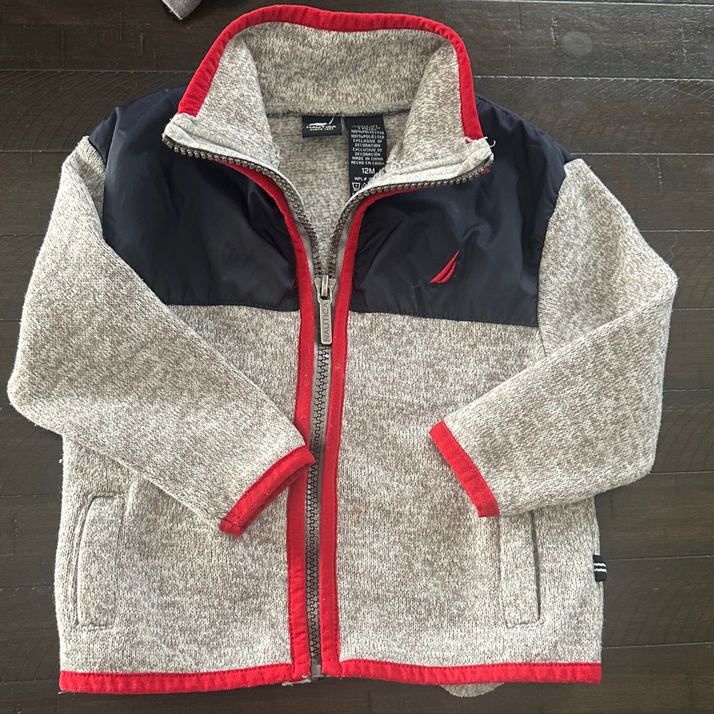 Nautica Kids Gray and Black Puffer Jacket with Red Trim